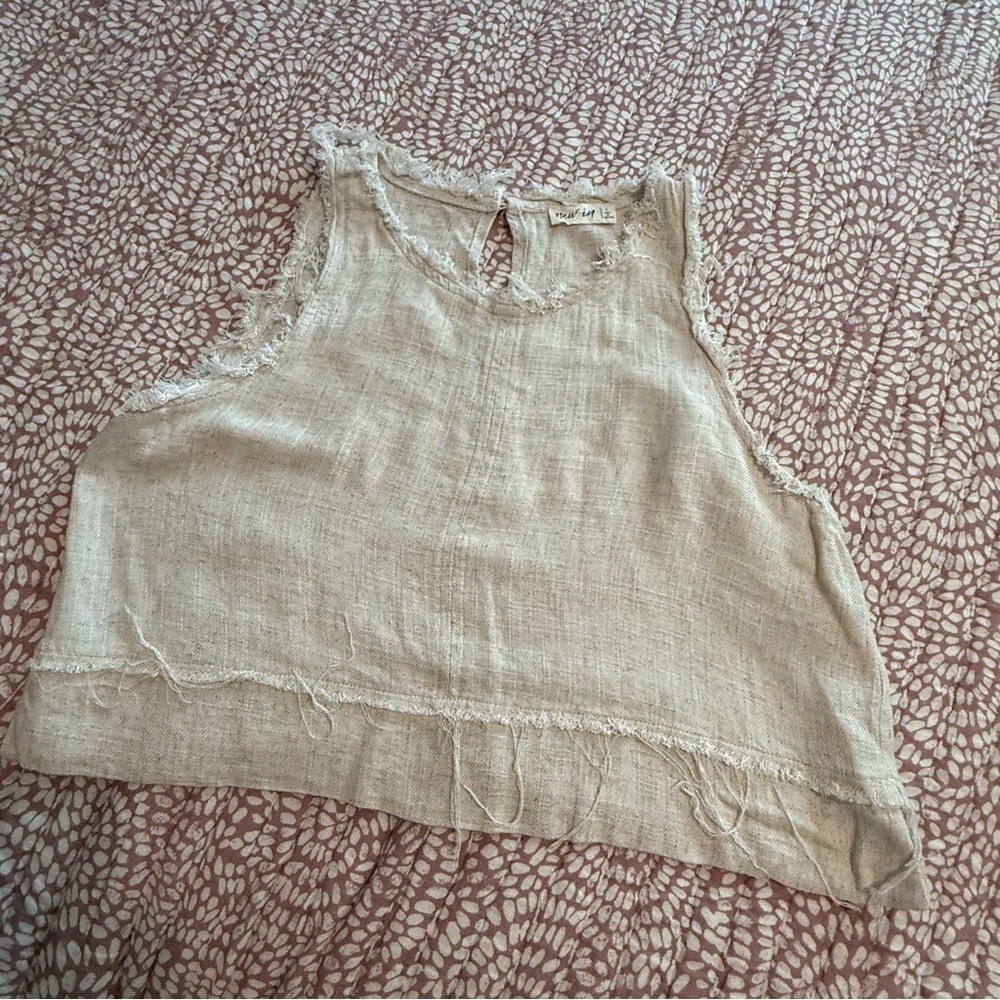 New In Linen Blend Frayed Crop Tank Top Beige Large Coastal Boho
